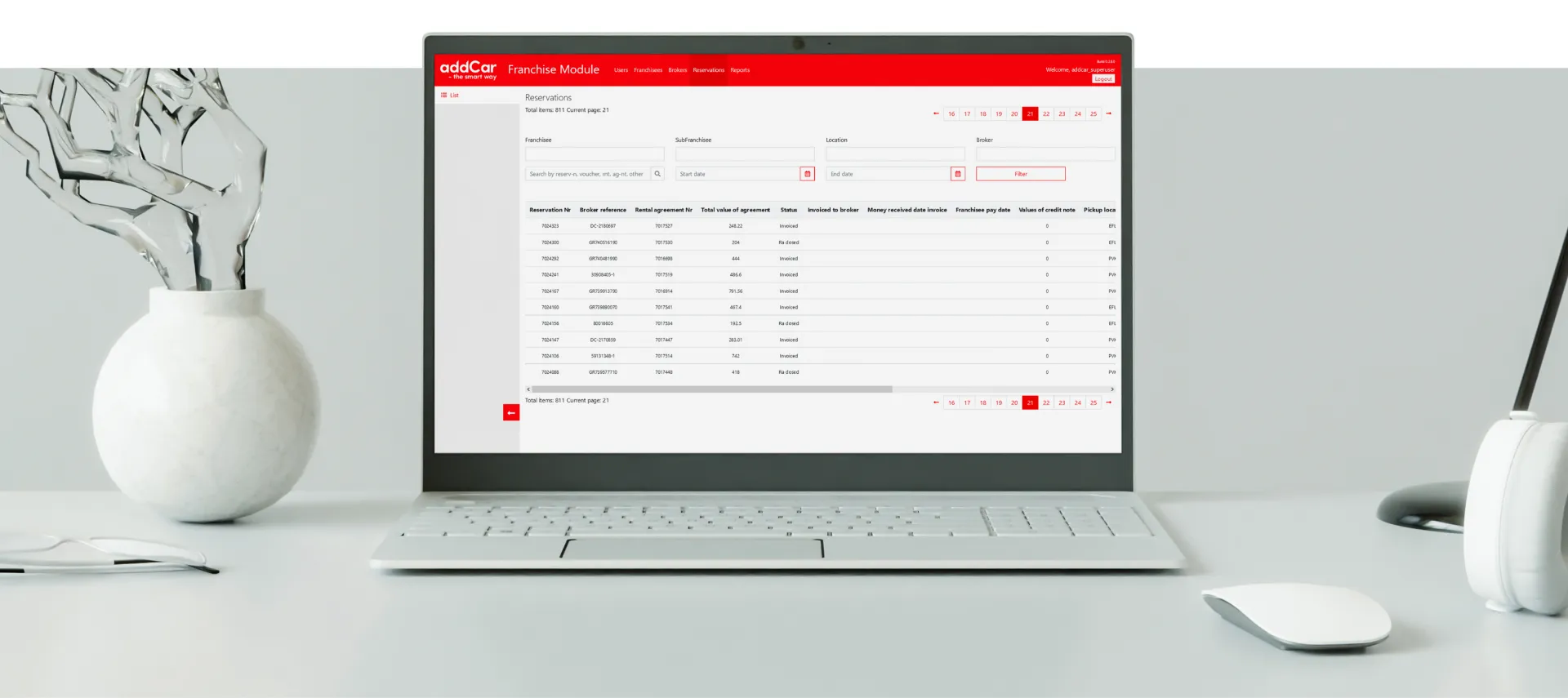 Franchise Module reservations screen shown on a laptop